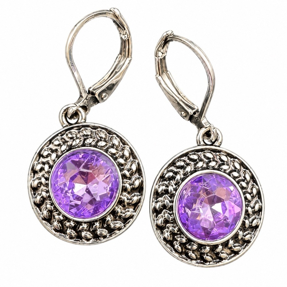 Purple Faceted Stone Dangle Earrings Ornate Antique Silver Tone Leverback Pair